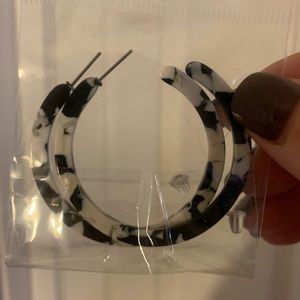 Black and white abstract hoop statement earrings with clear backs